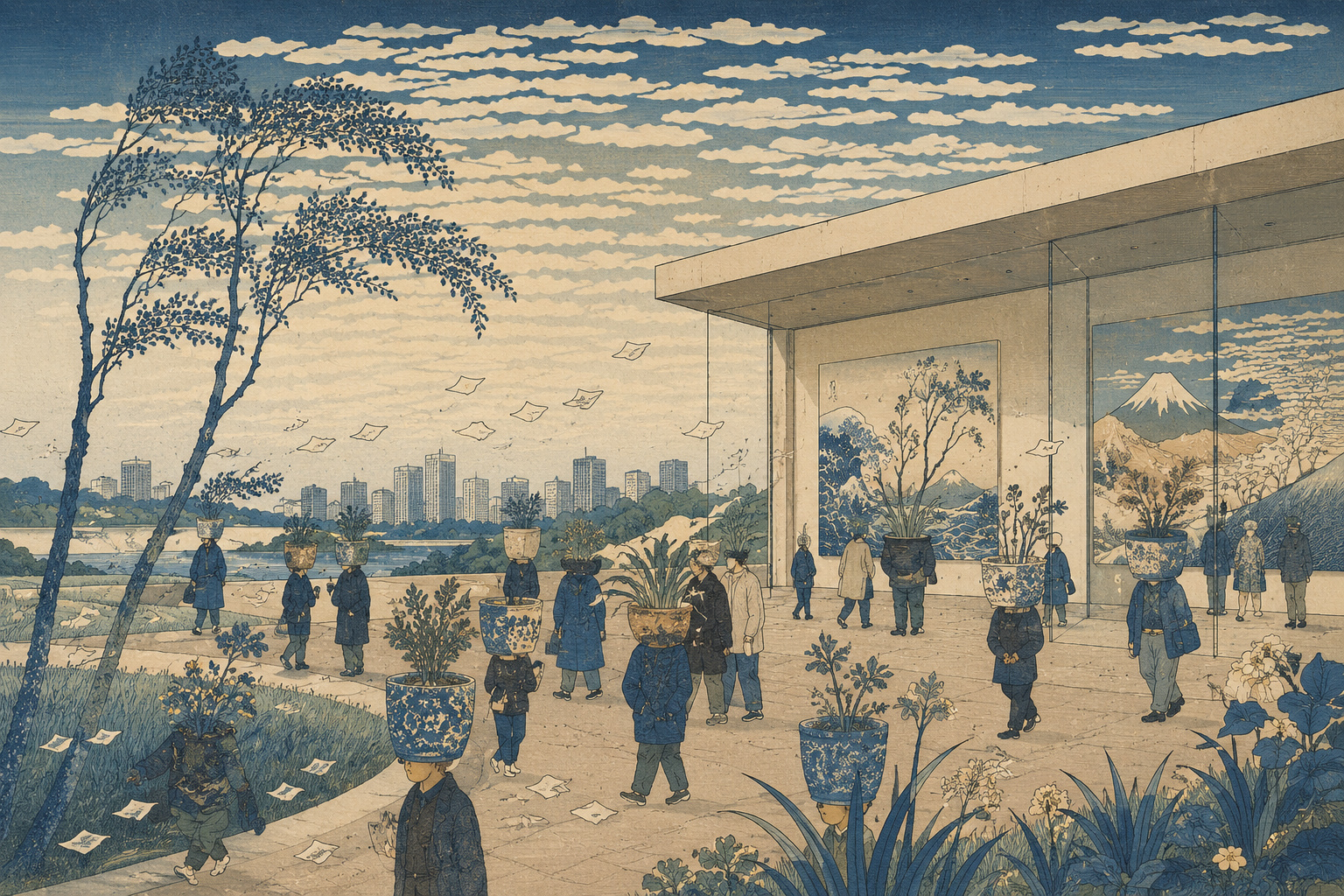 植物の頭をもつ人物と日比谷の都市・公園空間を構成した編集イラスト
