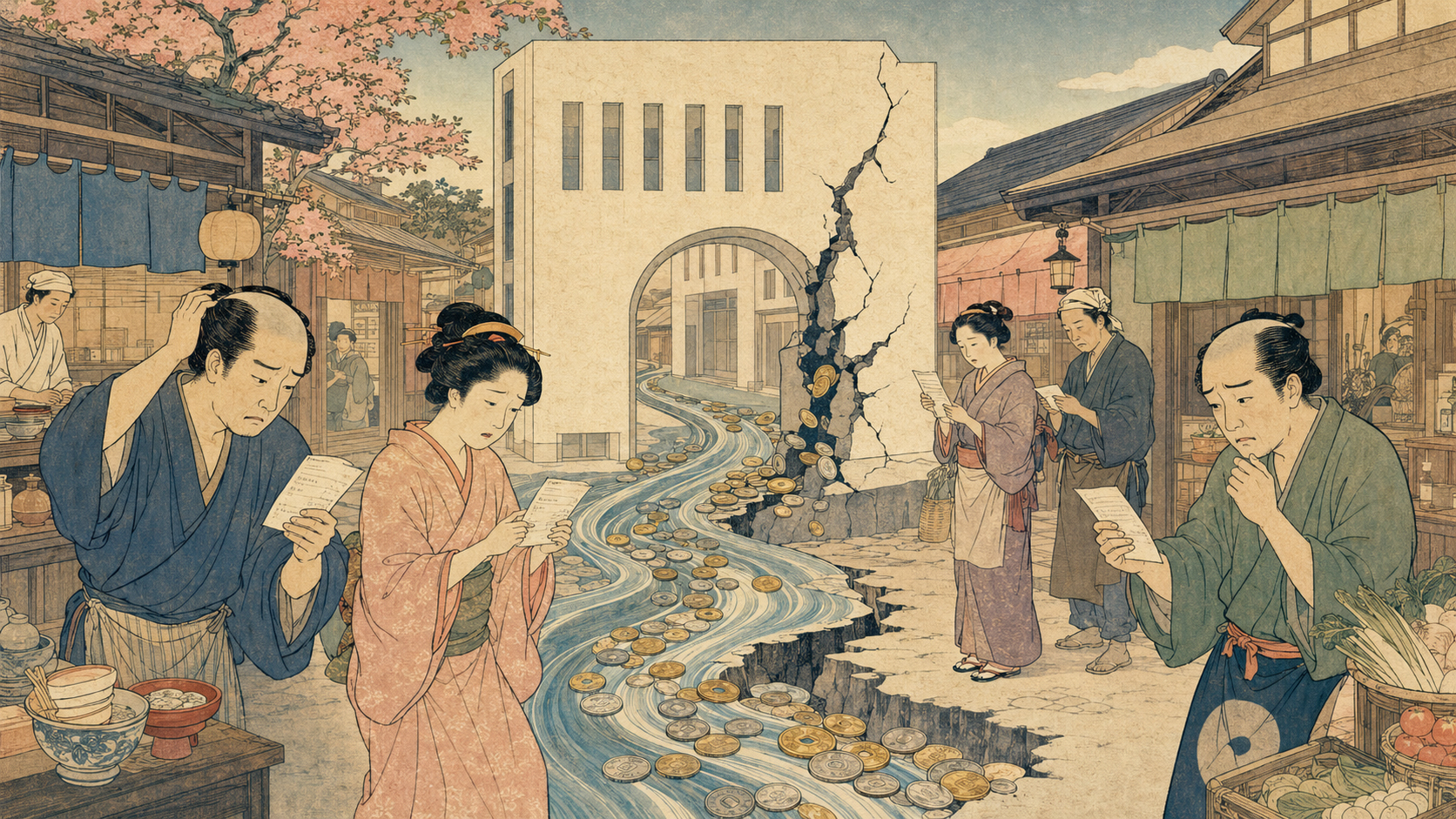 店と銀行の間に決済代金が滞留する鈴木春信風の錦絵