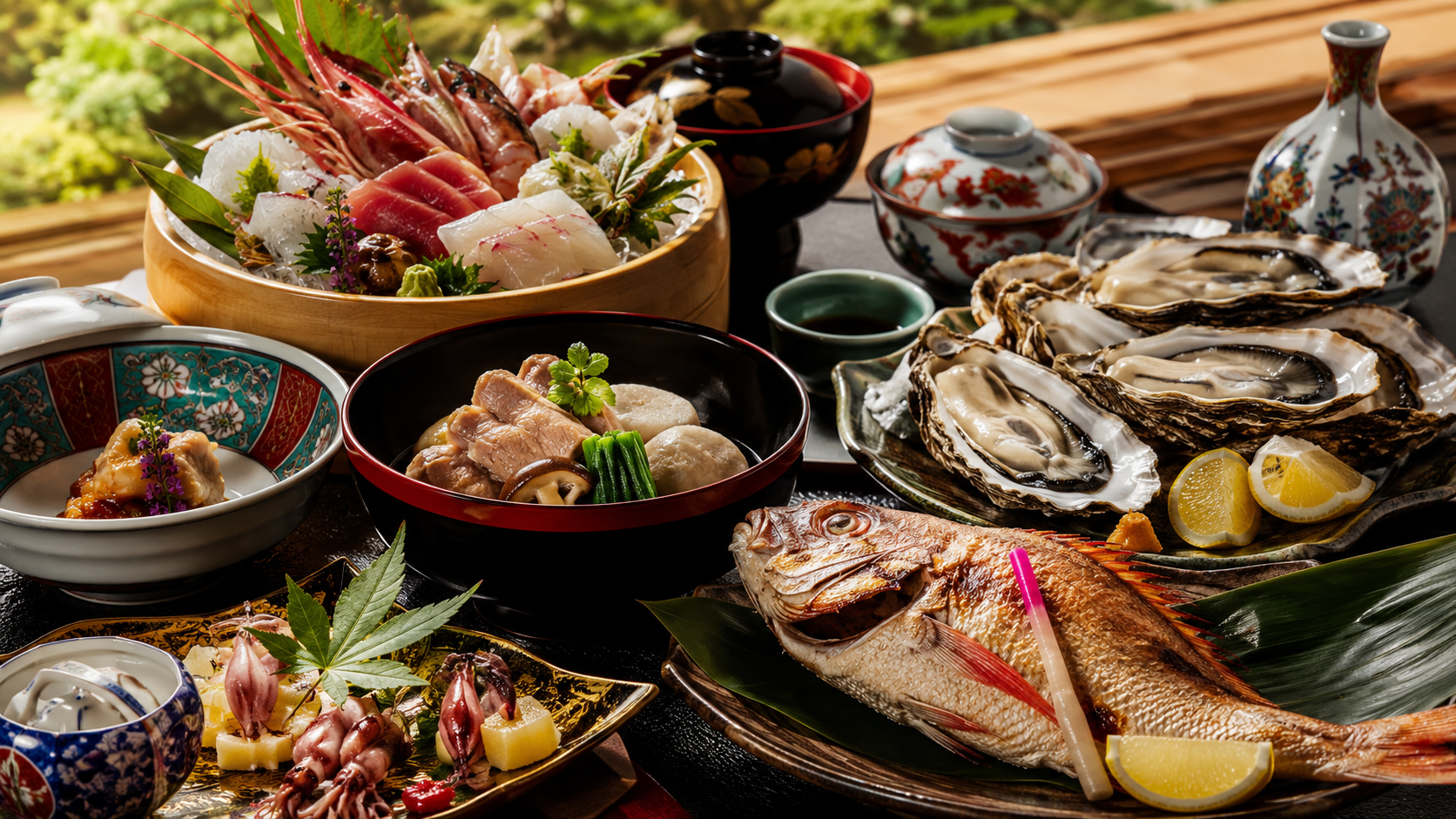 金沢の海鮮、治部煮、のどぐろ、能登牡蠣が並ぶ石川の食卓。