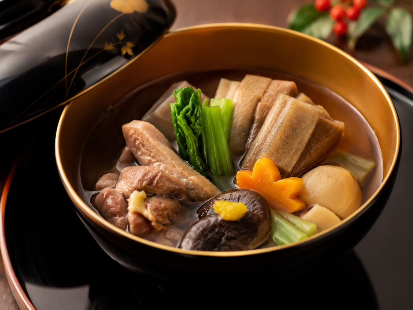 石川の郷土料理、治部煮。鴨、すだれ麩、野菜の椀。