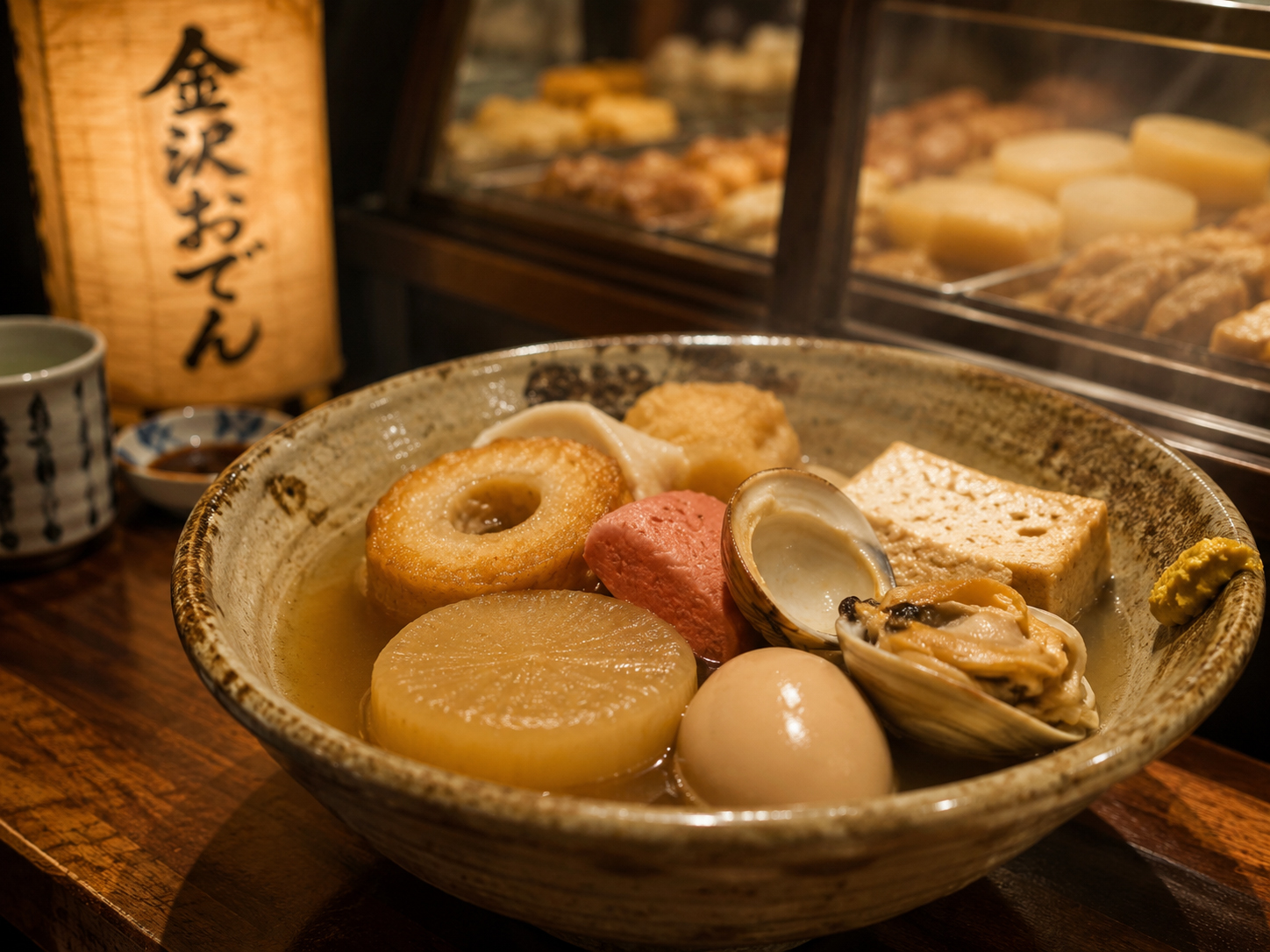 金沢おでん。車麩、赤巻、卵、大根などの金沢の冬料理。