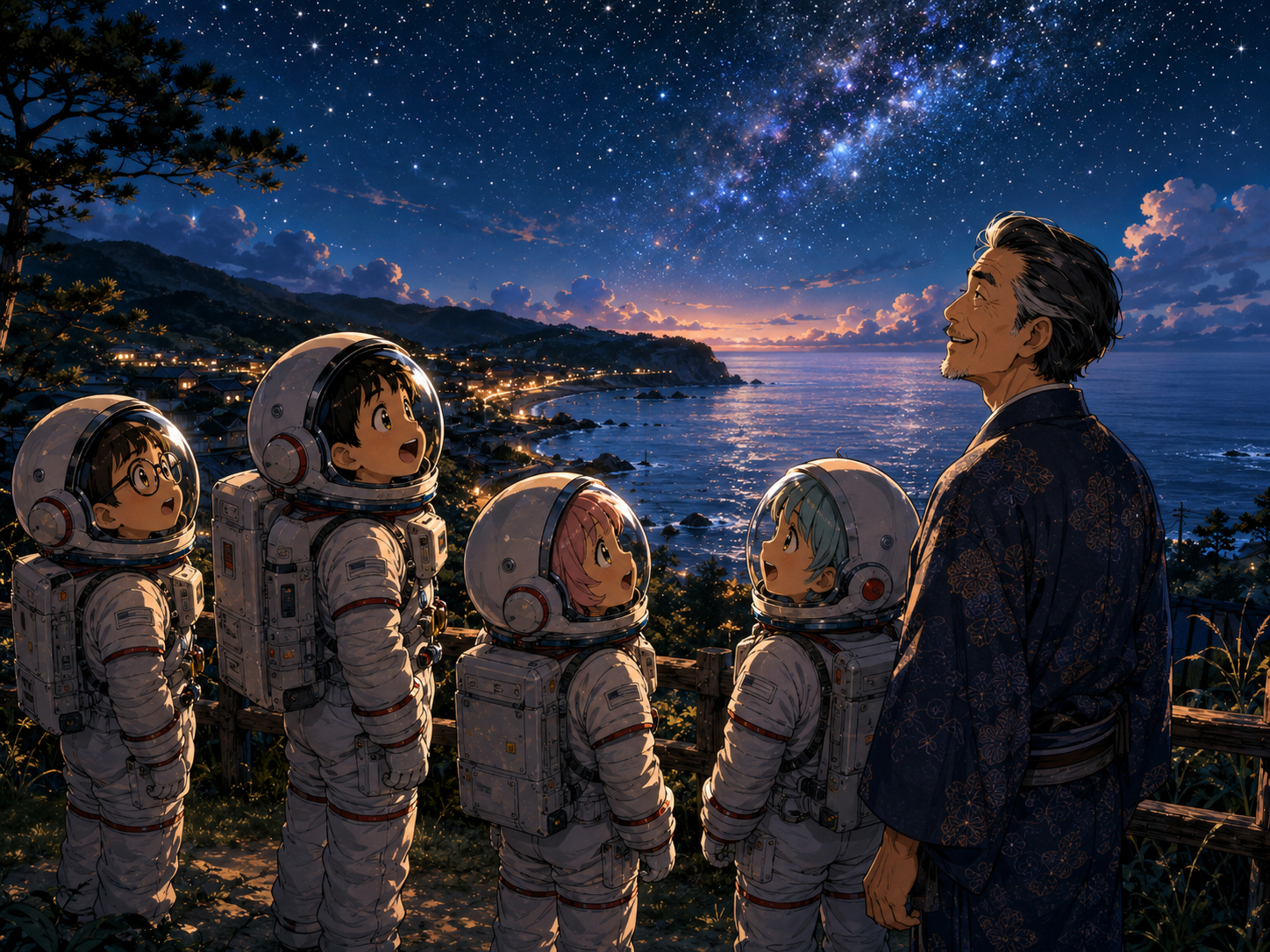 夜の能登の海、星、復興への思いを静かに見つめる宇宙飛行士と石川のおじさん