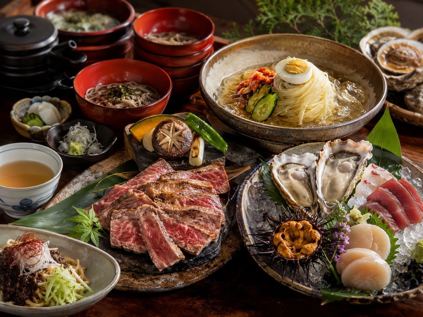 盛岡三大麺、前沢牛、三陸海鮮が並ぶ岩手の食卓。
