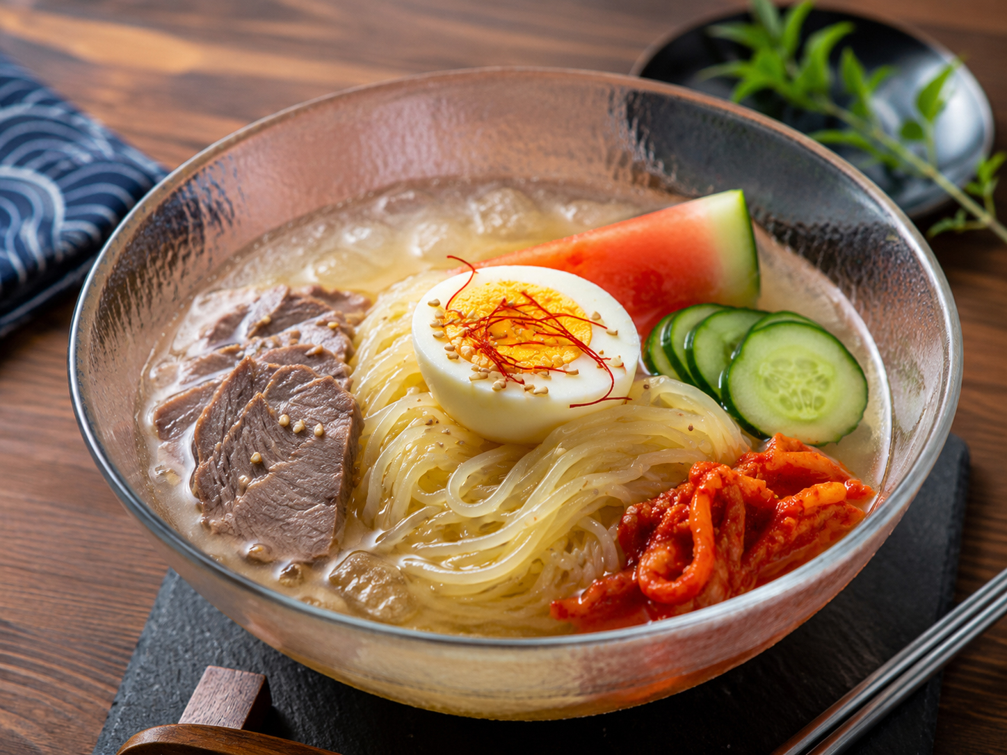 盛岡冷麺。透明感のある麺、牛骨スープ、キムチ、果物の一杯。