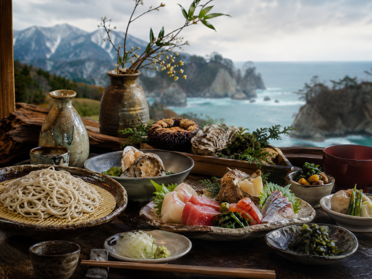 岩手の山、三陸の海、前沢牛、麺、餅文化を思わせる食卓。