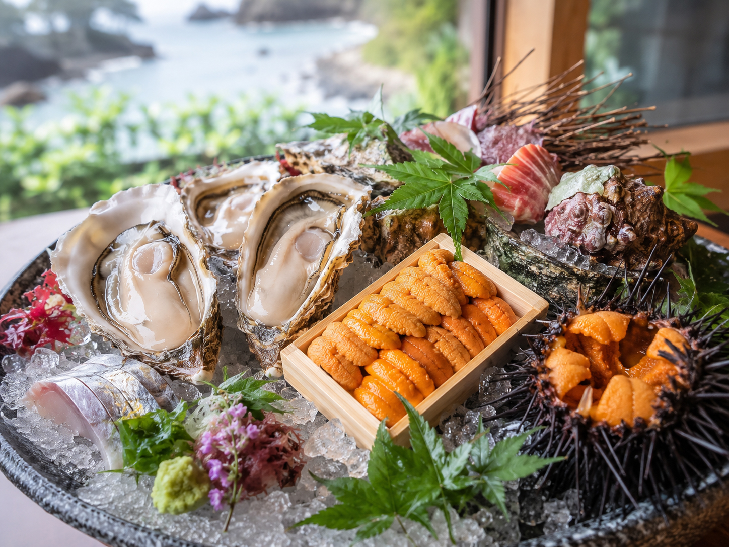 三陸の海鮮。牡蠣、うに、帆立、魚が並ぶ岩手沿岸の食。