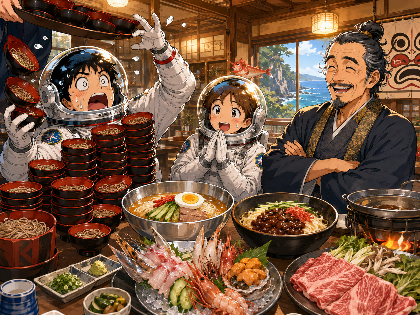 わんこそば、盛岡冷麺、じゃじゃ麺、三陸の海鮮を前にする宇宙飛行士と岩手のおじさん