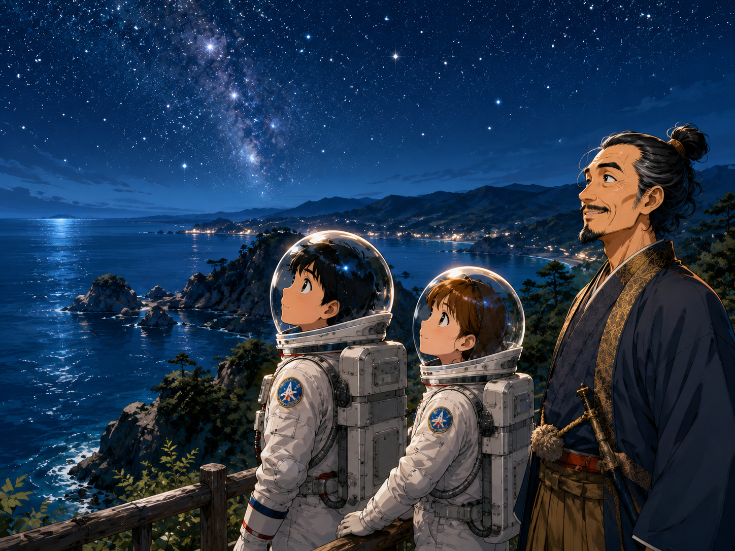 夜の三陸海岸、星、海を静かに見つめる宇宙飛行士と岩手のおじさん