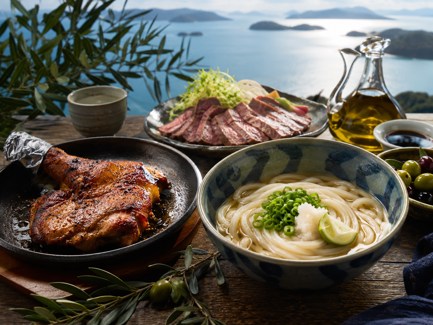 讃岐うどん、骨付鳥、オリーブ牛、小豆島の醤油とオリーブが並ぶ香川の食卓。