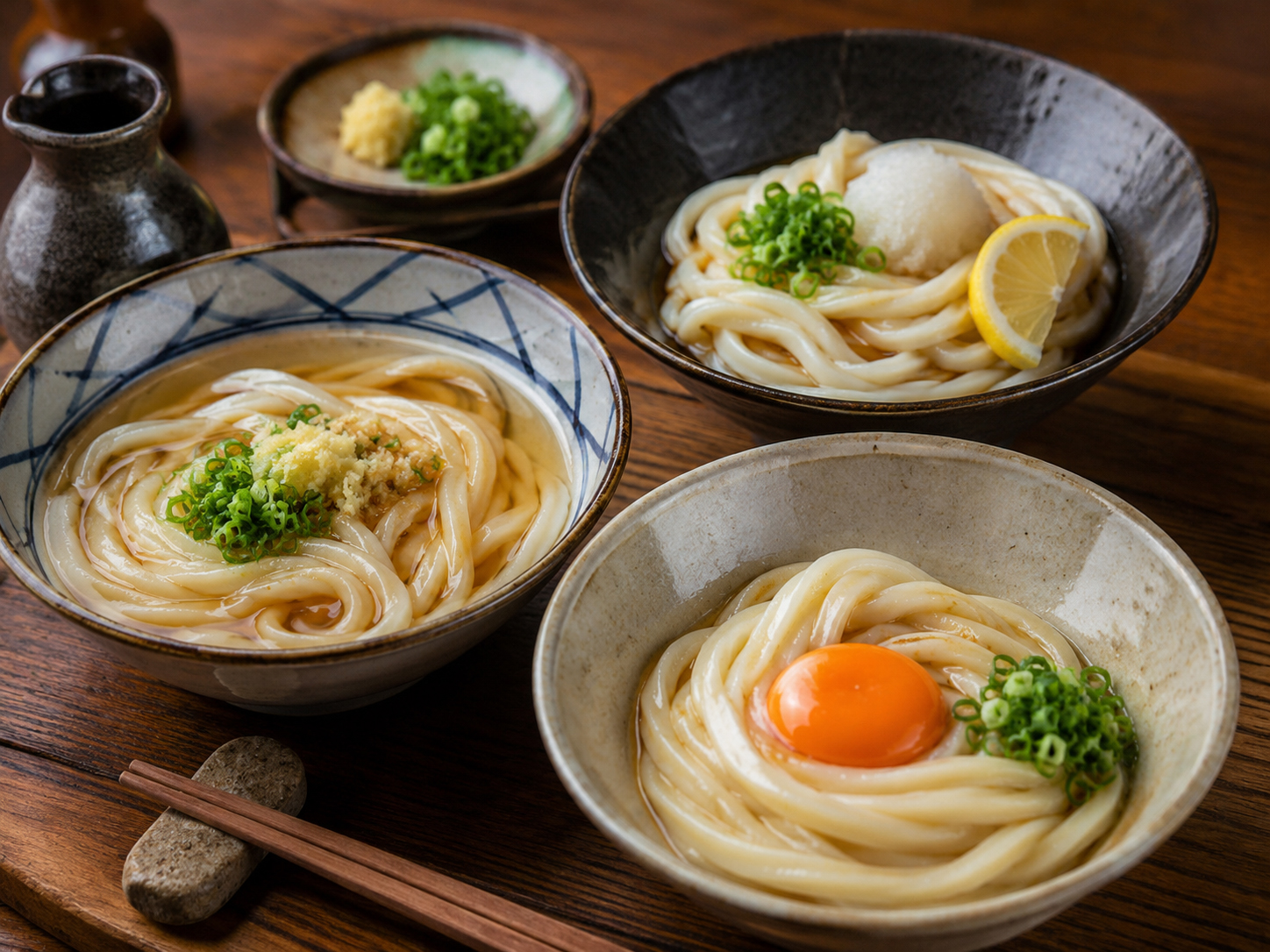 讃岐うどん。かけ、ぶっかけ、釜玉を思わせる香川のうどん。