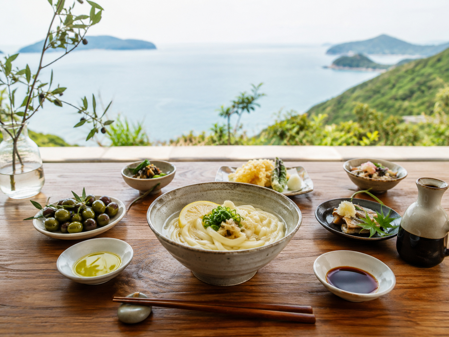 瀬戸内海、小豆島、讃岐うどん、醤油、オリーブ、いりこを思わせる香川の食卓。