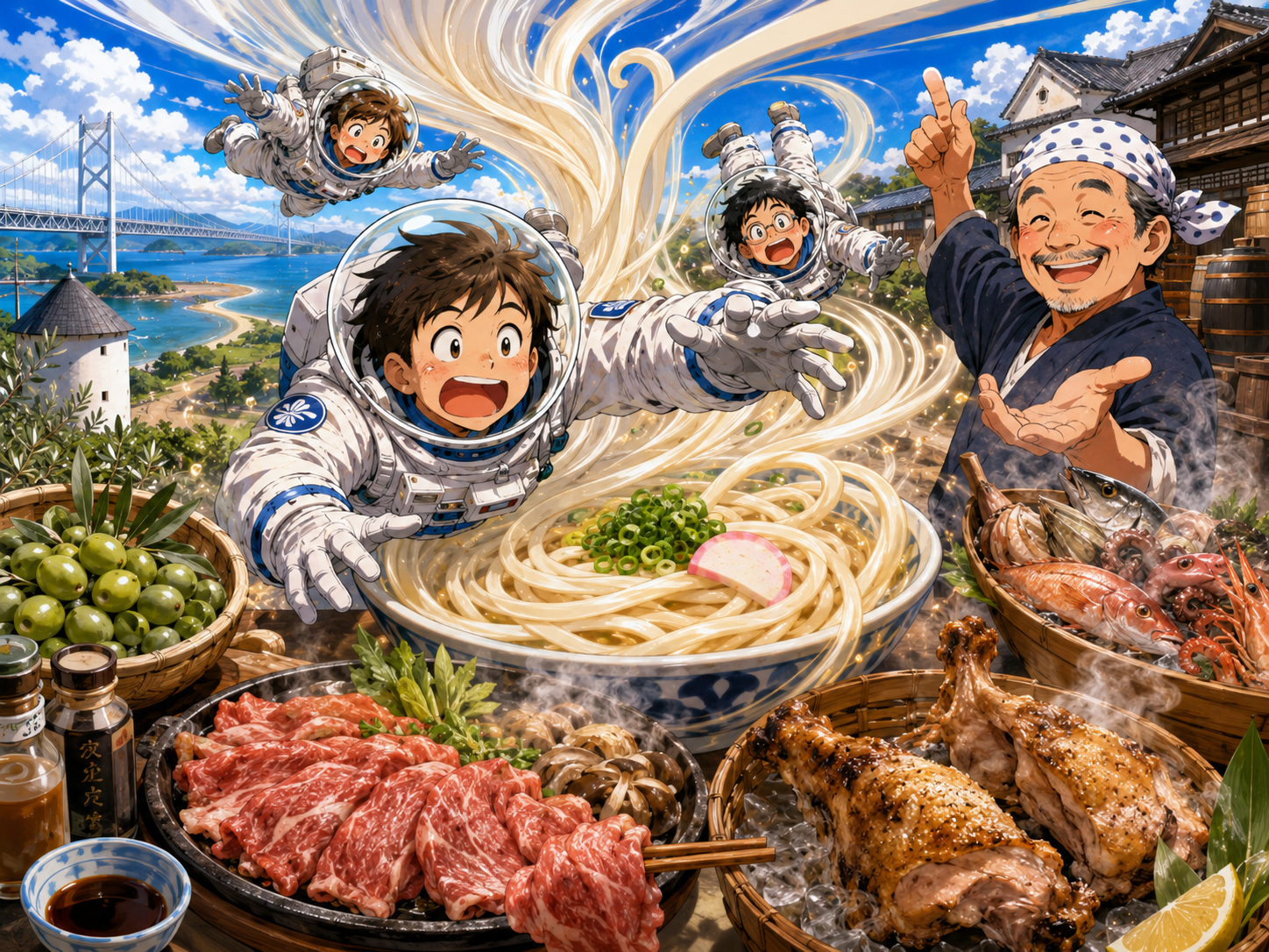 讃岐うどん、オリーブ牛、骨付鳥、小豆島のオリーブや醤油を前にする宇宙飛行士と香川のおじさん