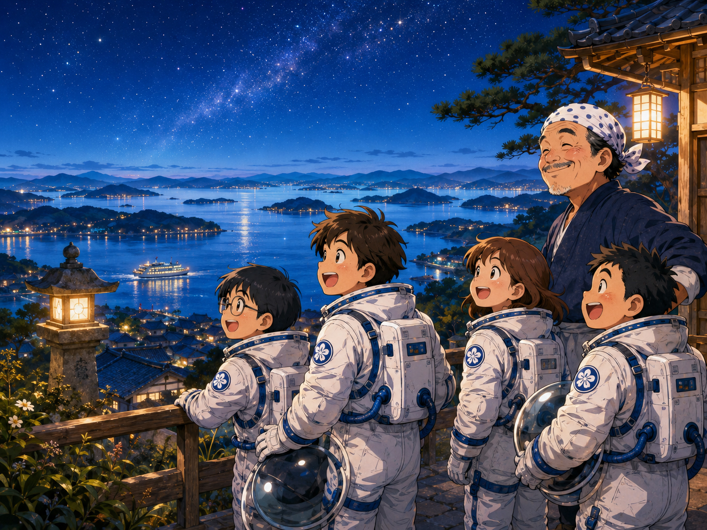 夜の瀬戸内海、島影、星、海を見つめる宇宙飛行士と香川のおじさん