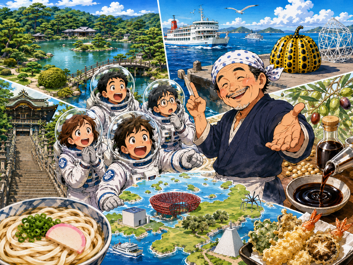宇宙飛行士に栗林公園、直島、金刀比羅宮、小豆島を説明する香川のおじさん