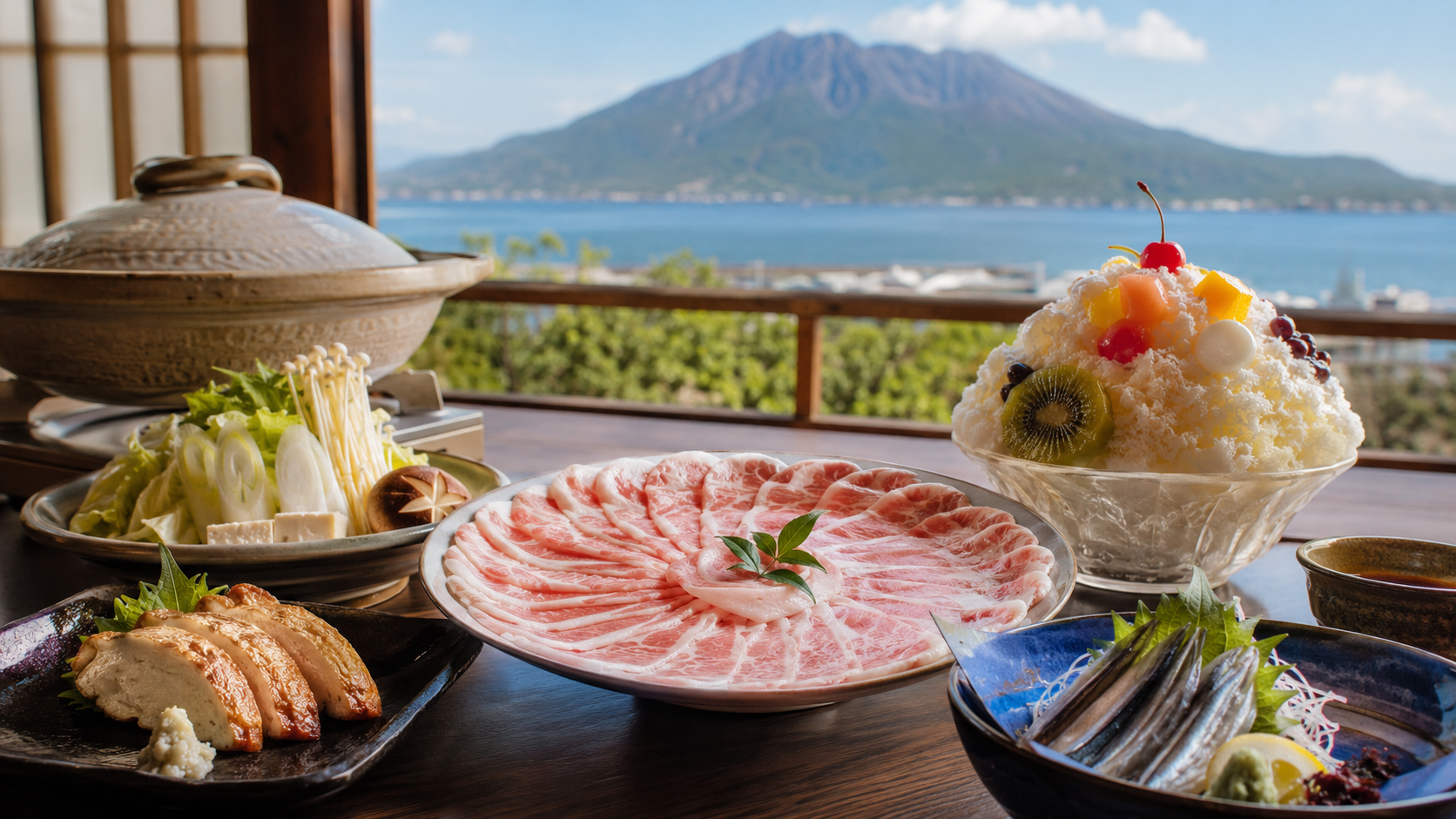 桜島を望む鹿児島の食卓。黒豚、さつま揚げ、きびなご、鶏飯、白熊が並ぶ。