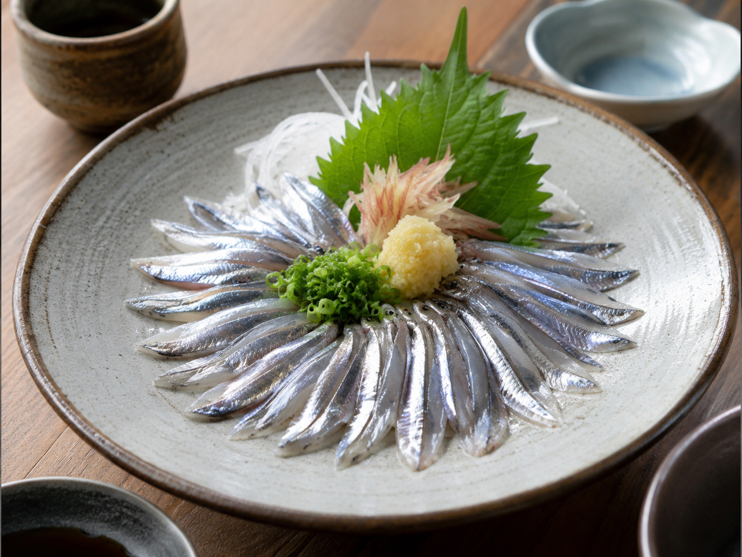 きびなごの刺身を菊花造りのように並べた鹿児島の皿。