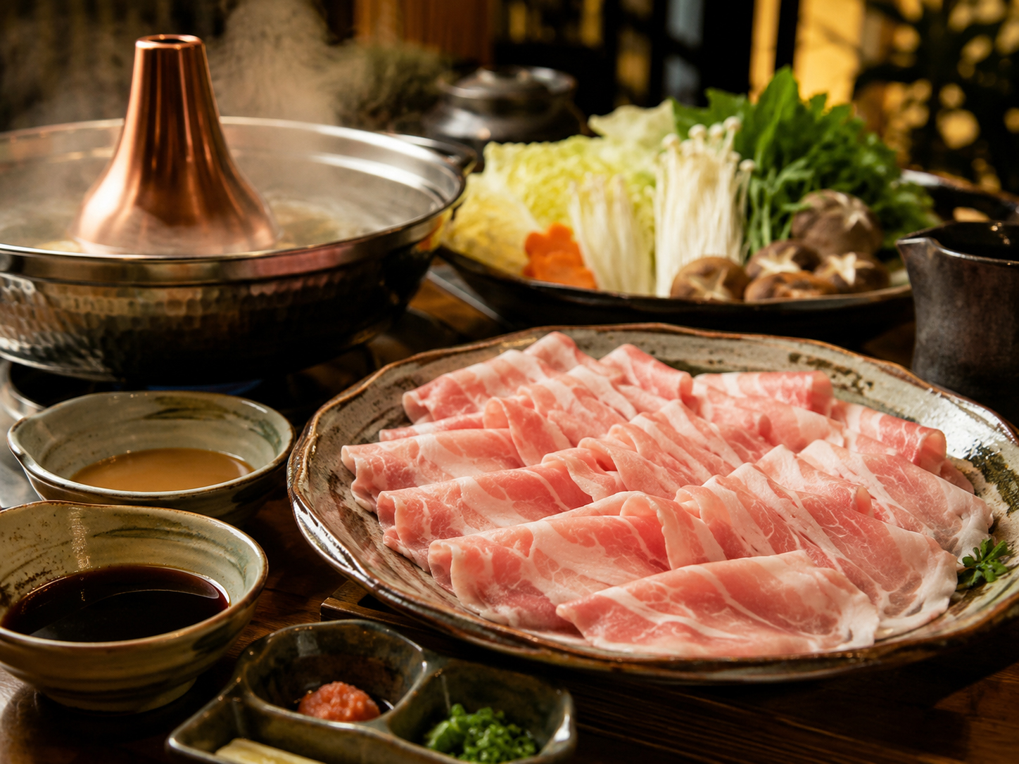 薄切りの鹿児島黒豚を美しく並べたしゃぶしゃぶの食卓。