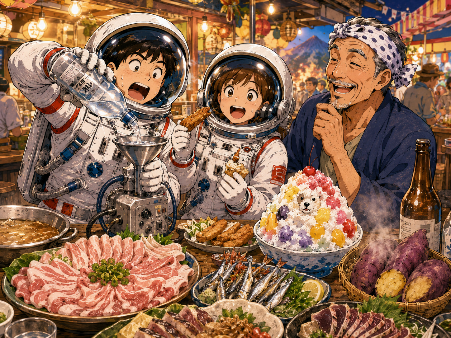 黒豚、焼酎、白熊、さつま揚げ、きびなごを前にする宇宙飛行士と鹿児島のおじさん