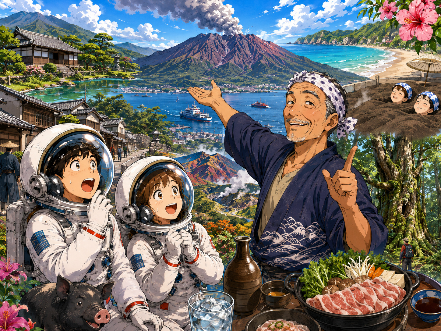 宇宙飛行士に桜島、仙巌園、屋久島、奄美を説明する鹿児島のおじさん