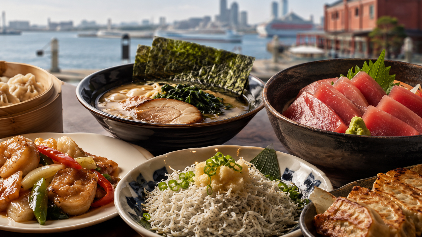 横浜中華街、家系ラーメン、三崎まぐろ、湘南しらすが並ぶ神奈川の食卓。