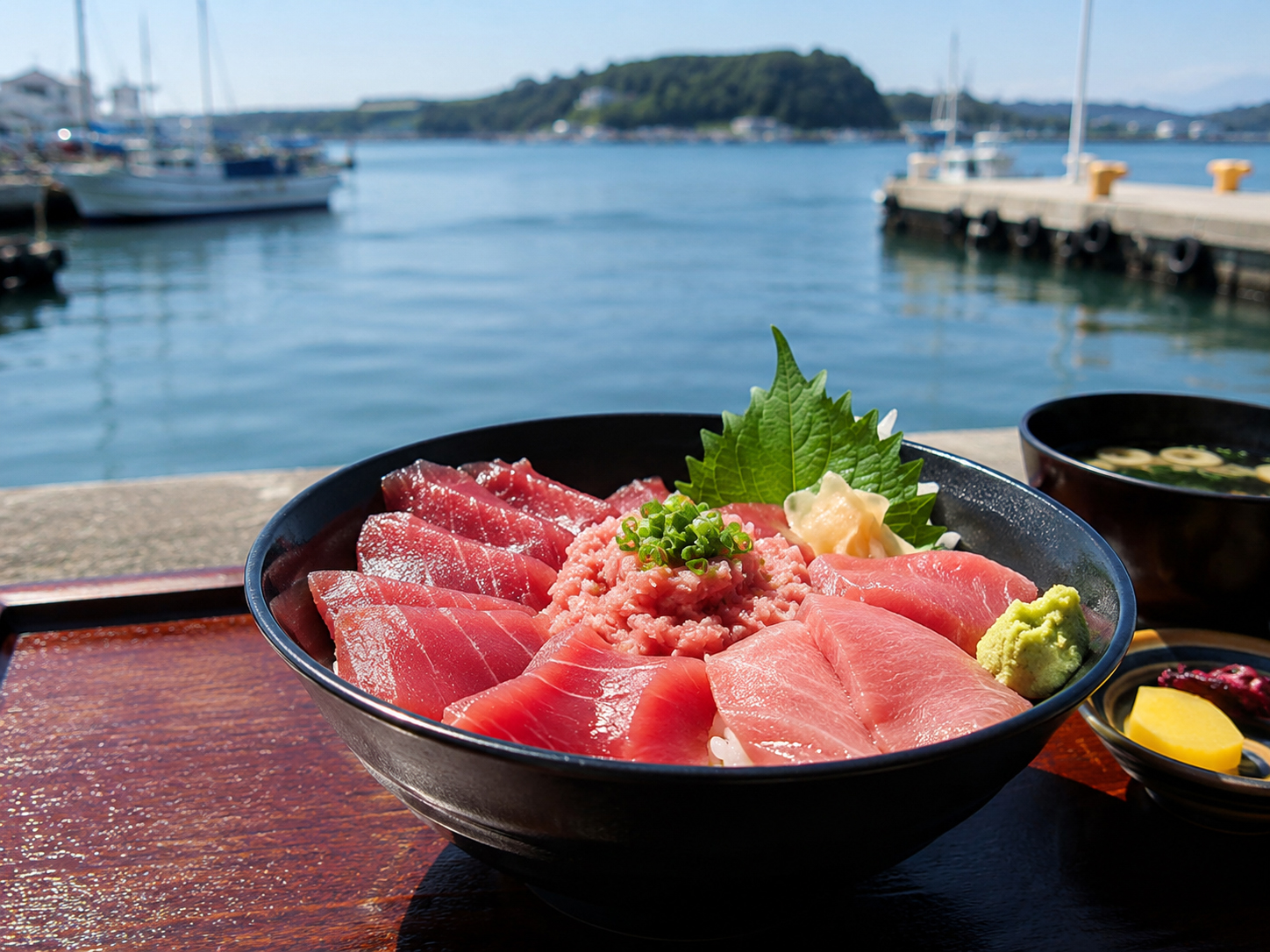 三崎まぐろ。まぐろ刺身、まぐろ丼、三浦半島の港の食。