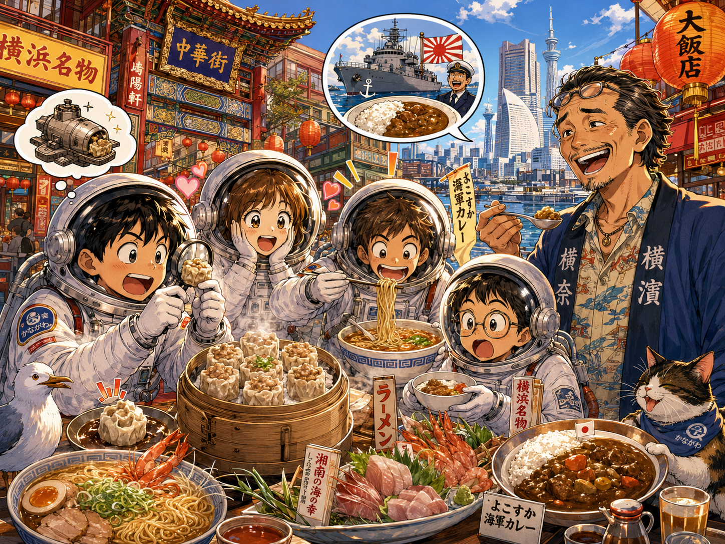 横浜焼売、ラーメン、海軍カレー、湘南の海鮮を前にする宇宙飛行士と神奈川のおじさん