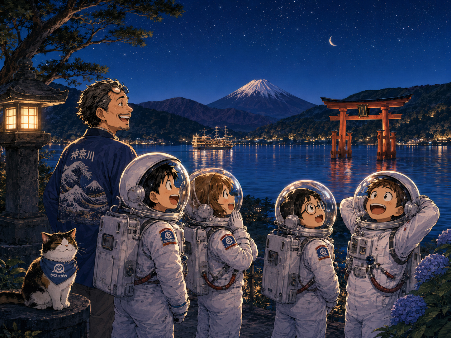 夜の箱根芦ノ湖、富士山、星、湖を眺める宇宙飛行士と神奈川のおじさん