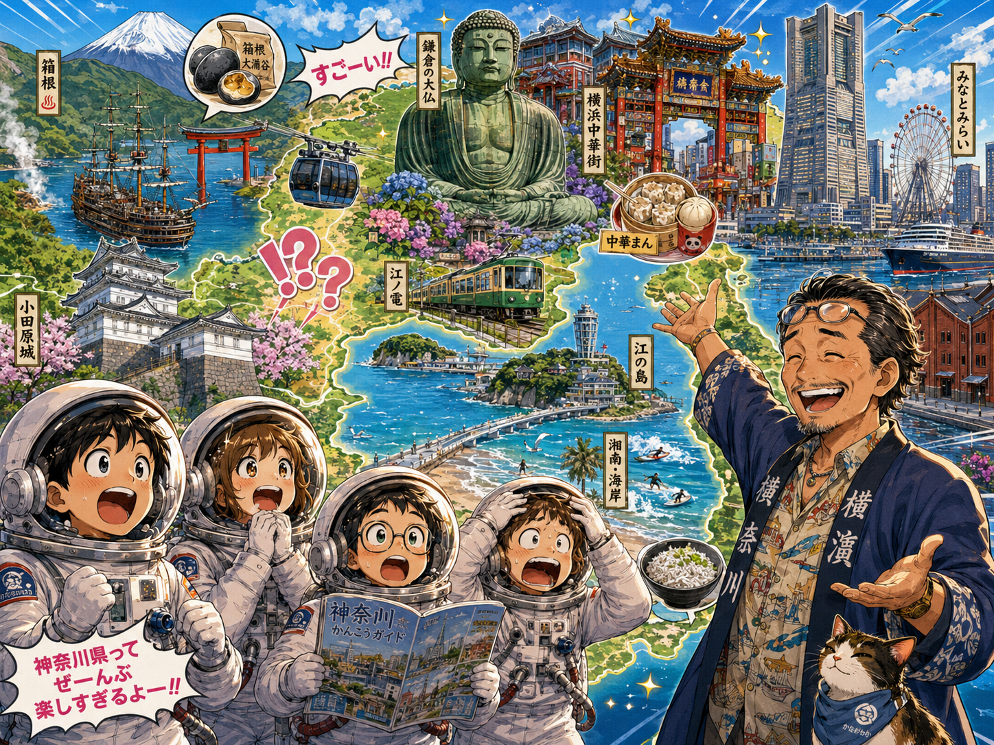 宇宙飛行士に横浜、鎌倉、箱根、江の島を説明する神奈川のおじさん