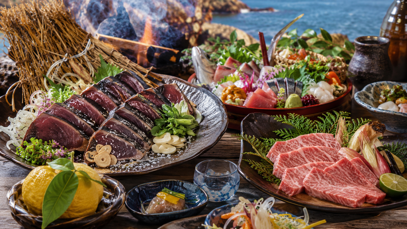 藁焼きかつおのたたき、皿鉢料理、ゆず、土佐あかうしが並ぶ高知の食卓。
