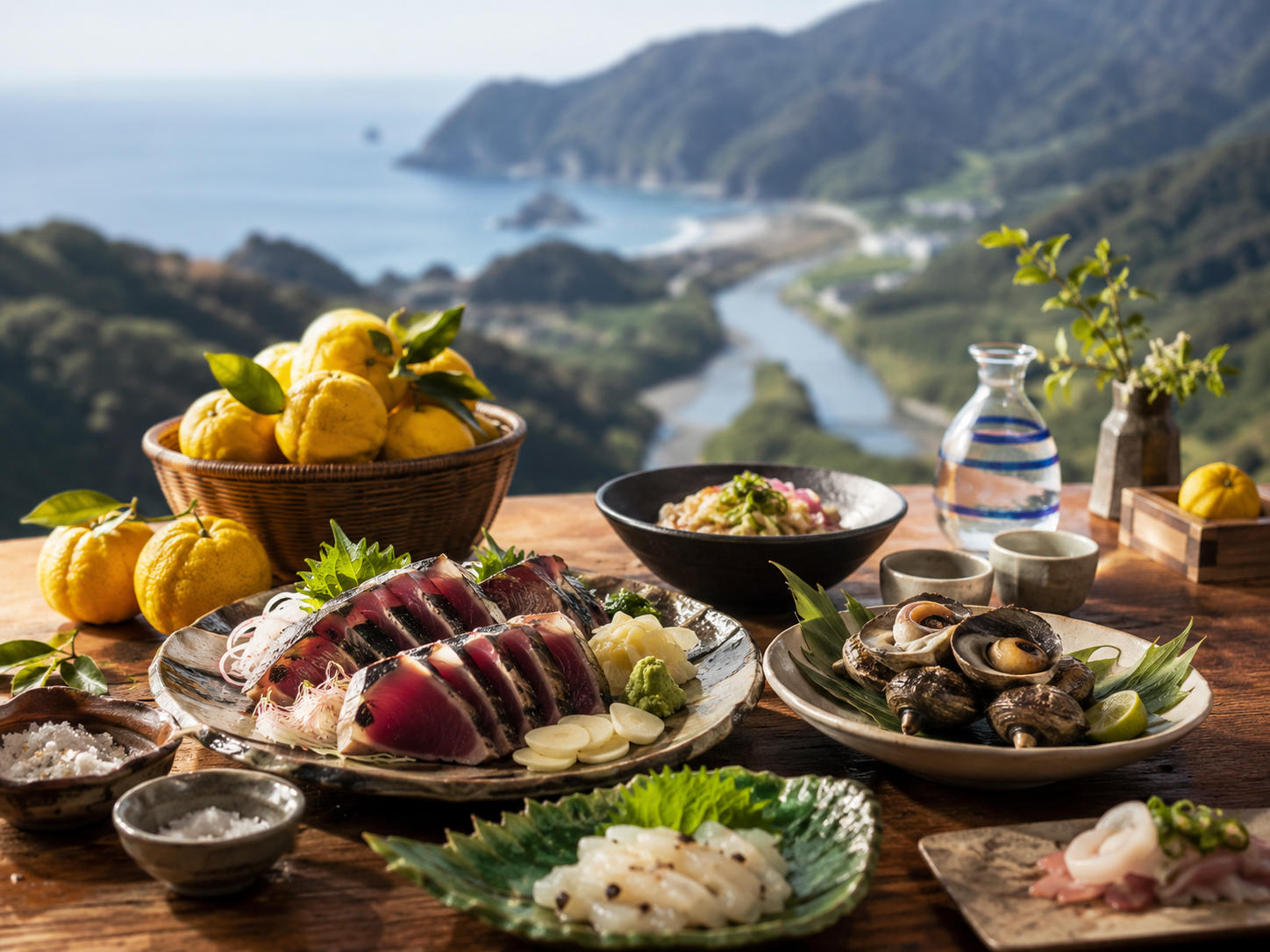 太平洋、四万十川、ゆず、かつおを思わせる高知の食卓。