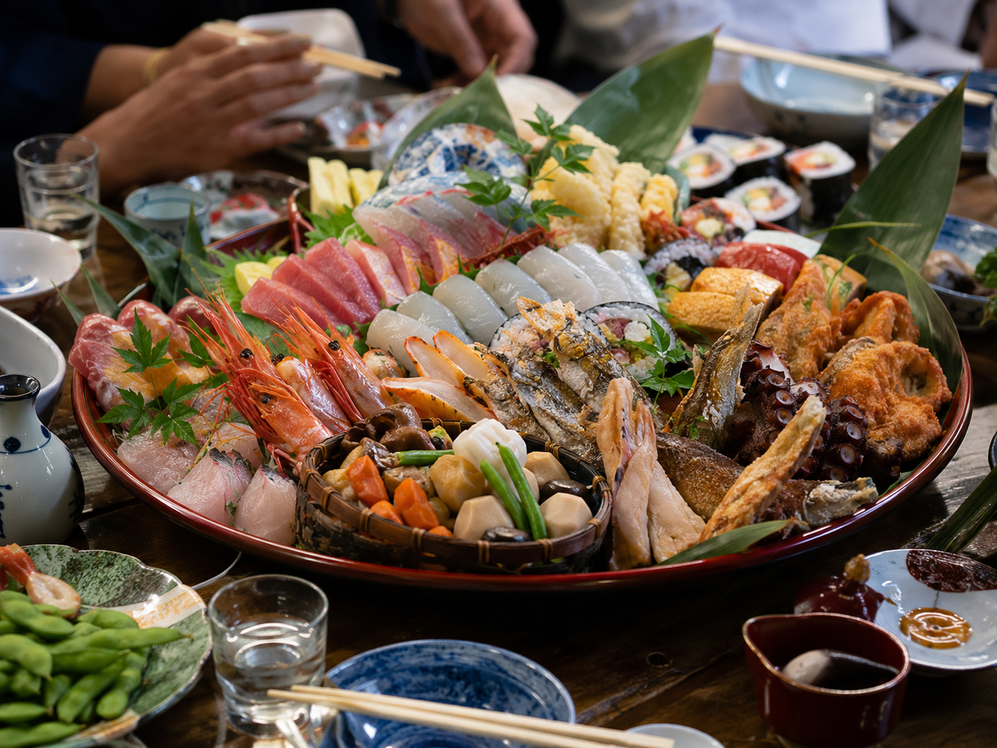 皿鉢料理。刺身、寿司、揚げ物、煮物が大皿に盛られた土佐の宴会料理。