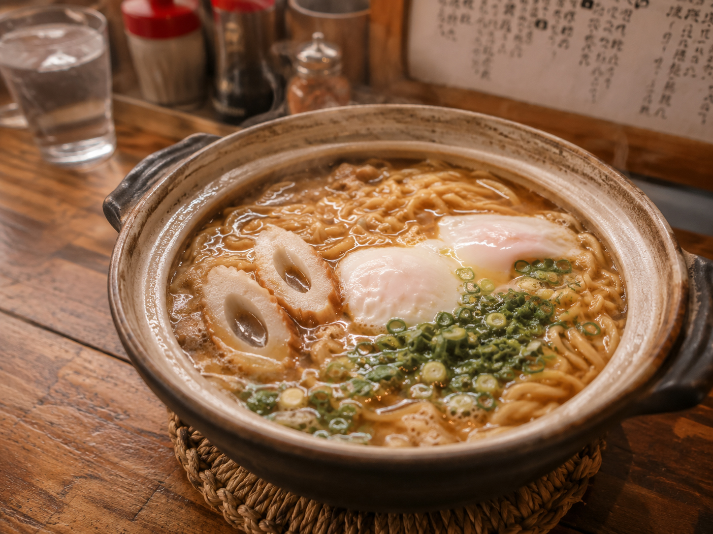 須崎鍋焼きラーメン。土鍋、鶏、卵、ちくわ、ねぎの熱々の一杯。