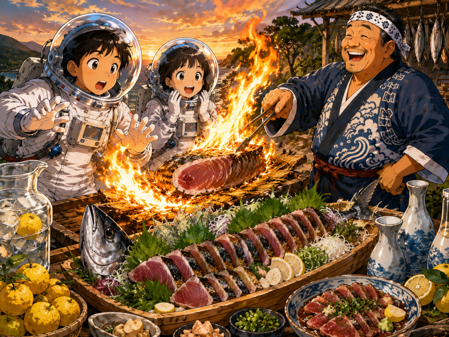 鰹のたたき、皿鉢料理、ゆず、土佐酒を前にする宇宙飛行士と高知のおじさん