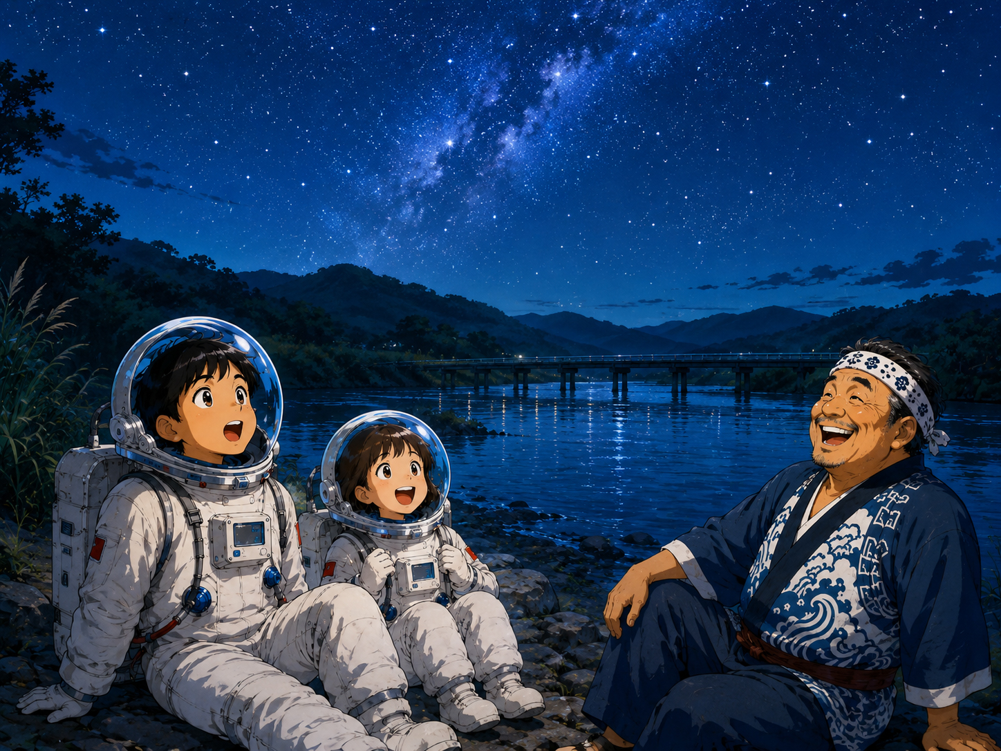 夜の四万十川、星、沈下橋を眺める宇宙飛行士と高知のおじさん