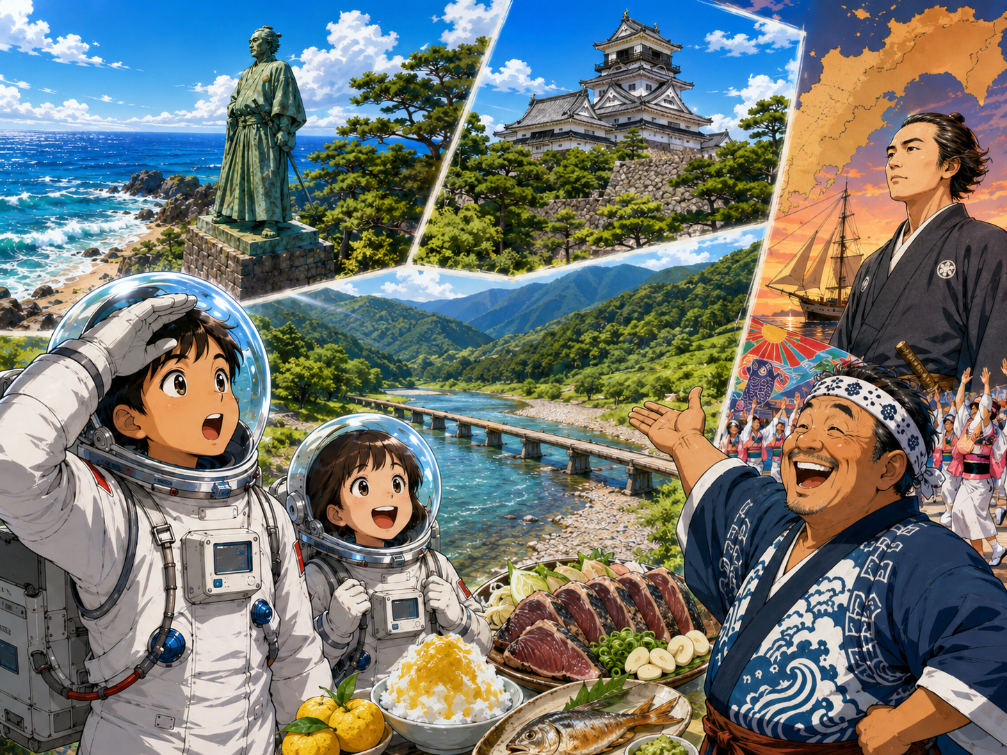 宇宙飛行士に桂浜、高知城、四万十川、坂本龍馬を説明する高知のおじさん