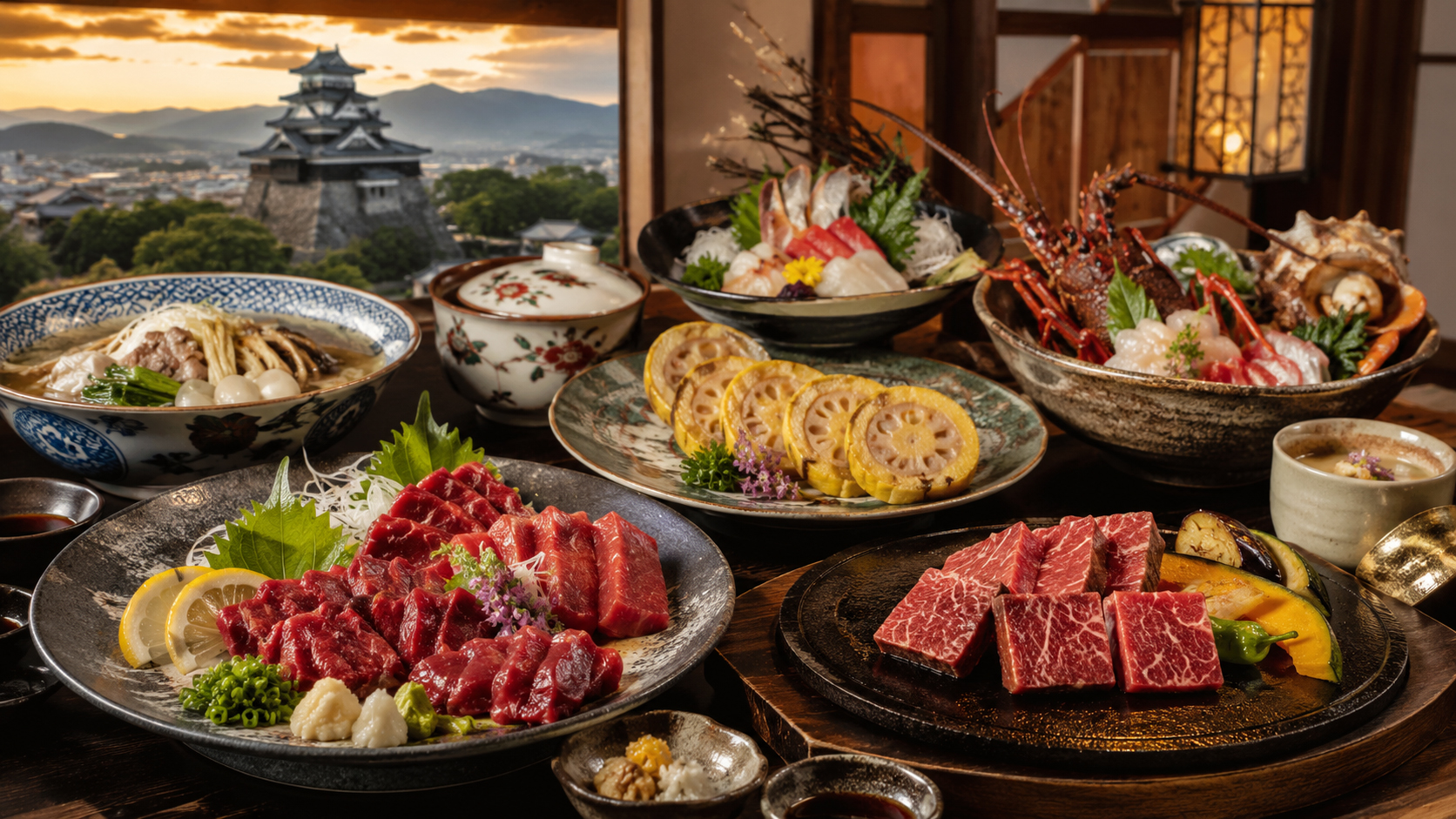 馬刺し、あか牛、太平燕、からし蓮根、天草海鮮が並ぶ熊本の食卓。