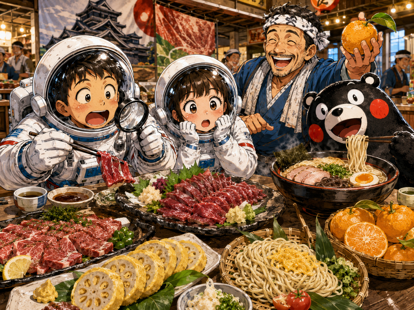 馬刺し、熊本ラーメン、辛子れんこん、あか牛を前にする宇宙飛行士と熊本のおじさん