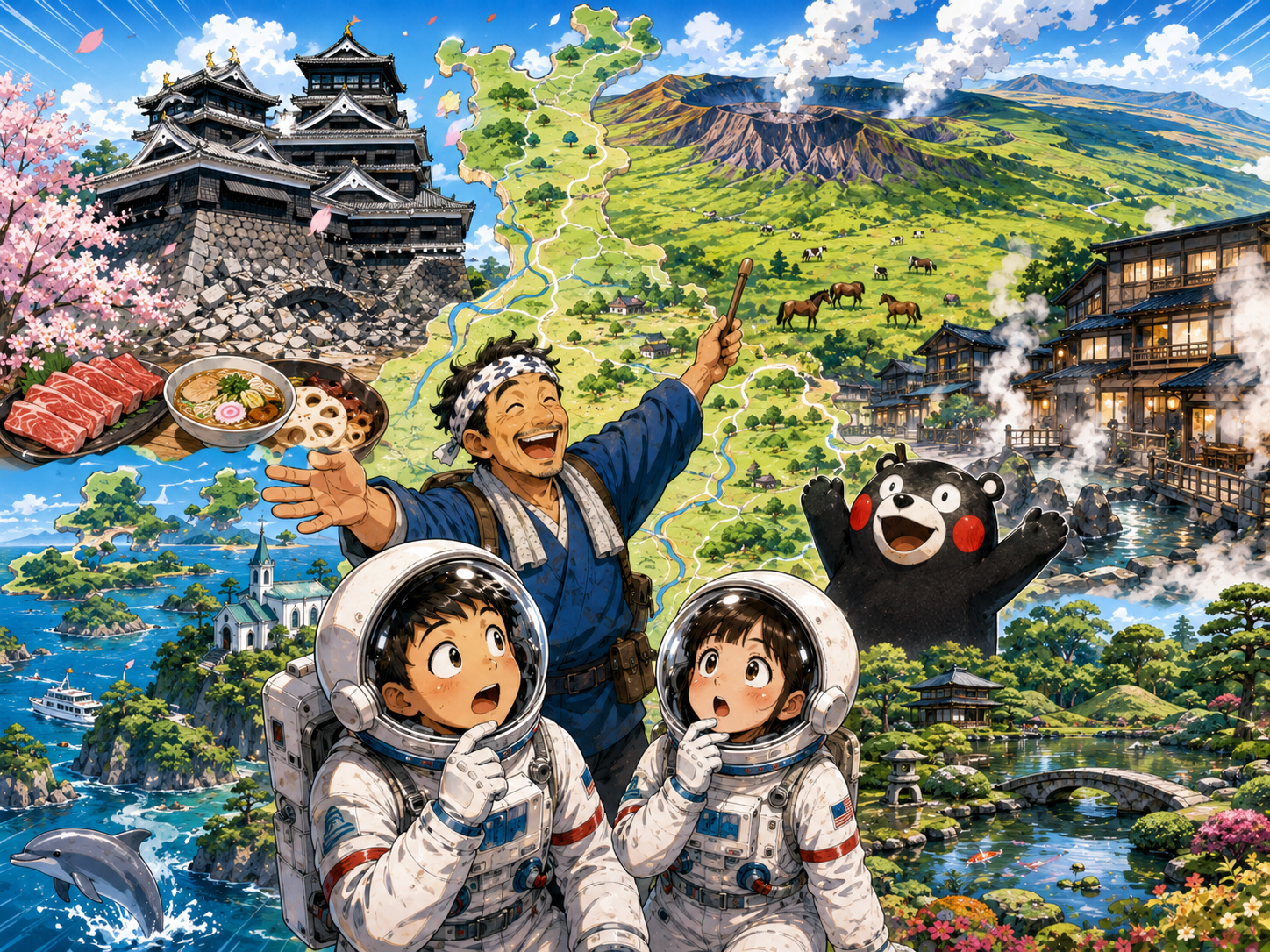 宇宙飛行士に熊本城、阿蘇、黒川温泉、天草を説明する熊本のおじさん