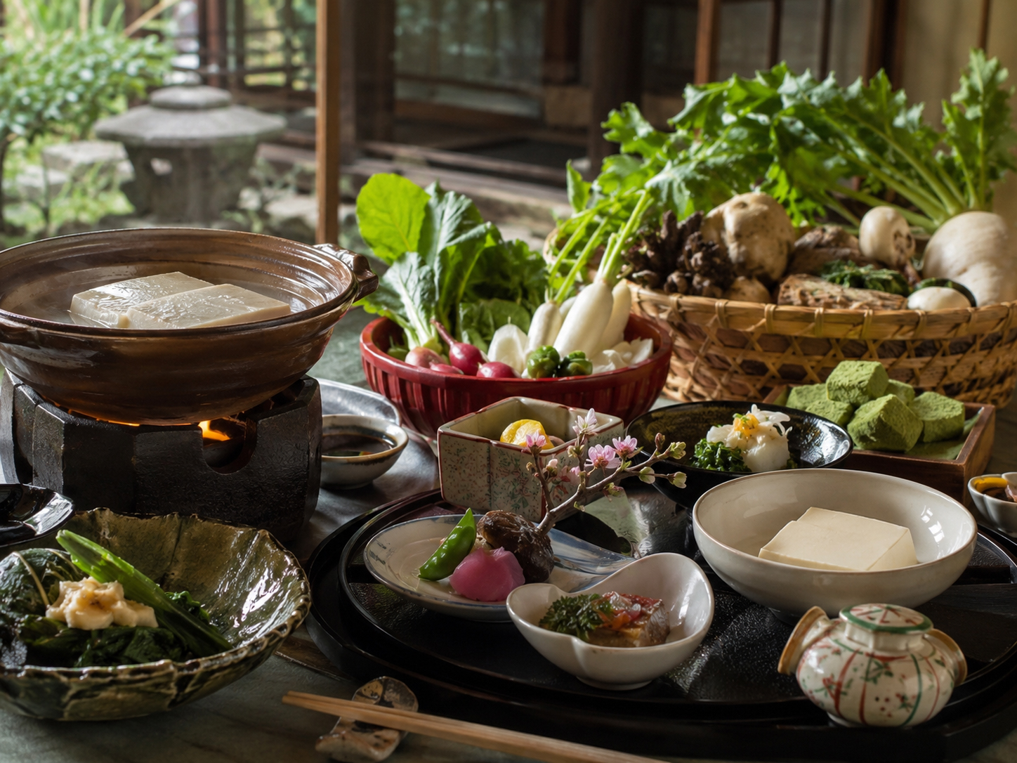 京懐石、湯豆腐、おばんざい、宇治抹茶、錦市場を思わせる京都の食卓。