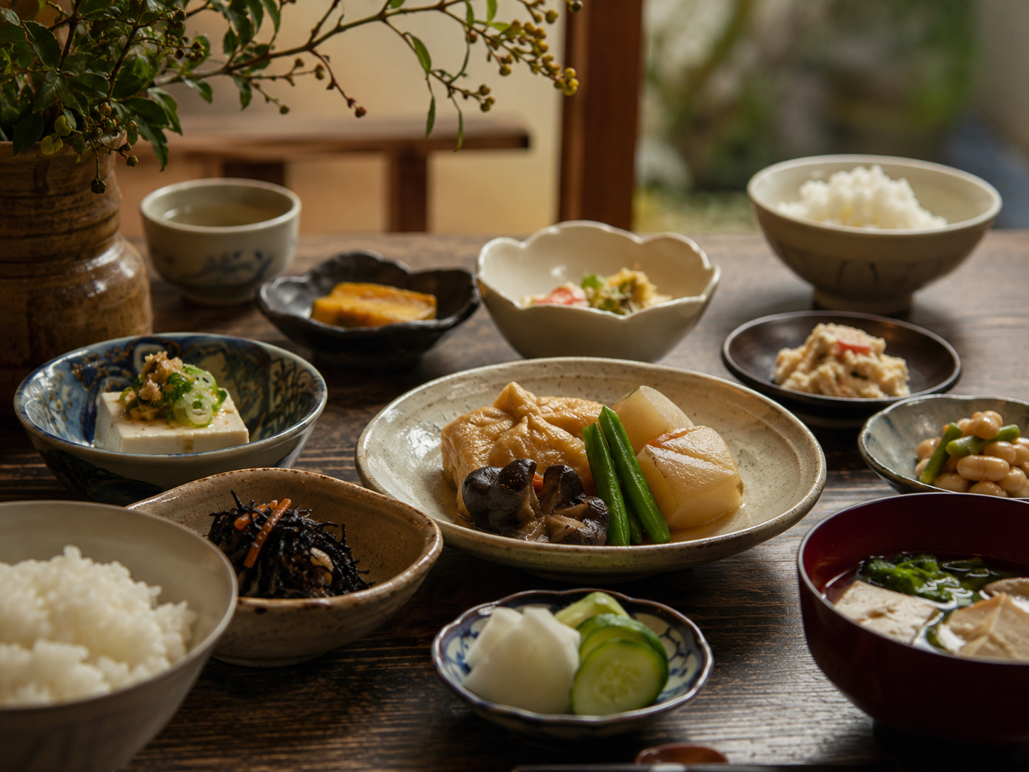 京都のおばんざい。小鉢に盛られた野菜、豆腐、煮物、惣菜。