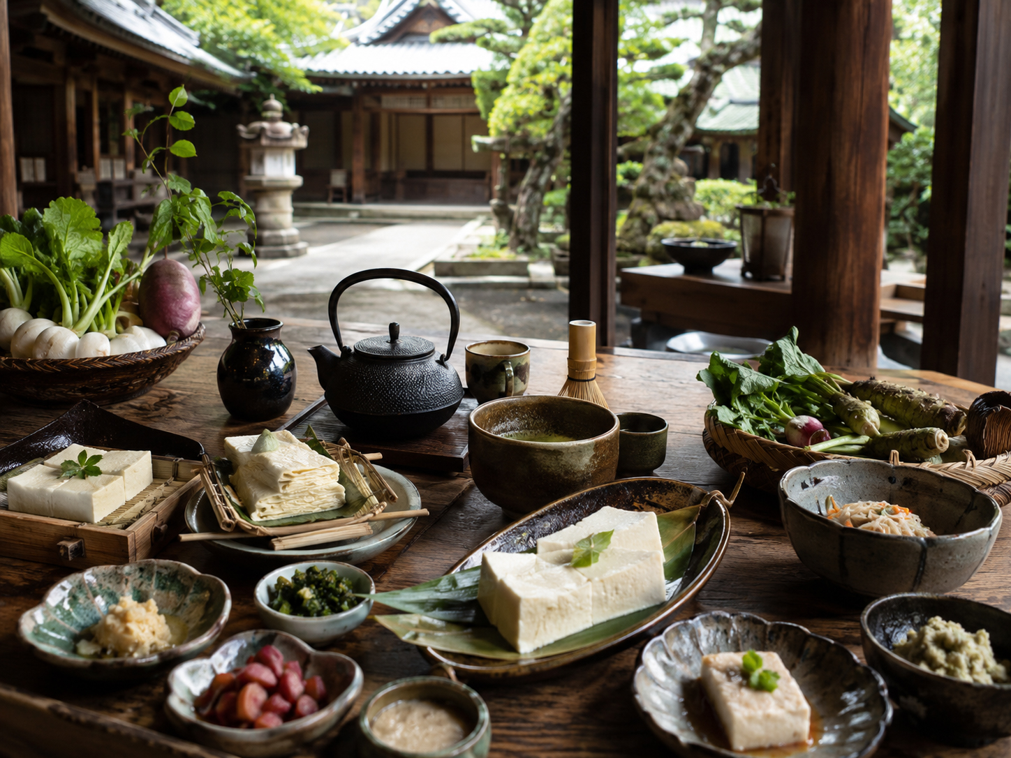 寺、茶、錦市場、湯豆腐、京野菜を思わせる京都の食卓。