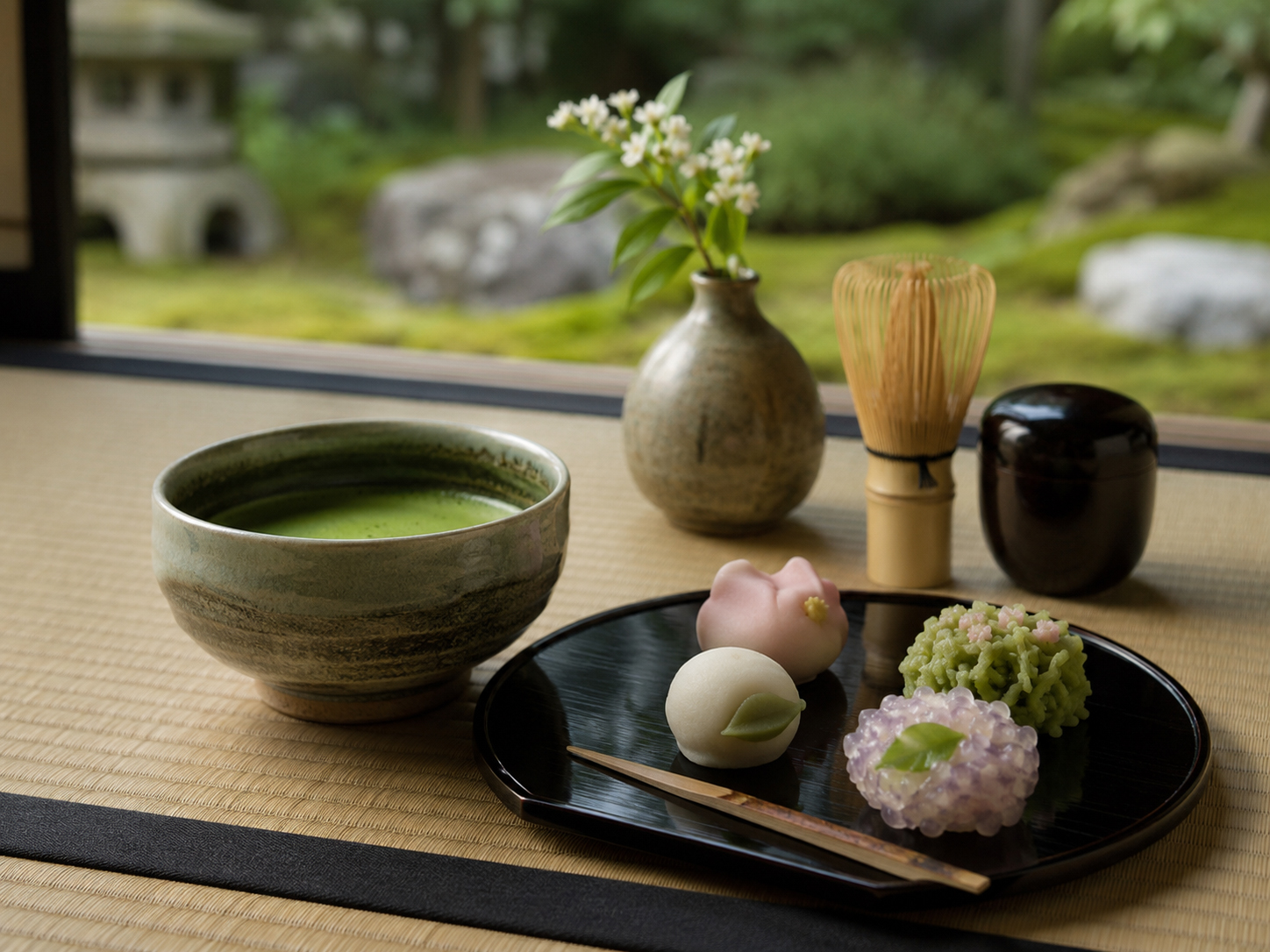 宇治抹茶と京菓子。抹茶、上生菓子、茶の香り。