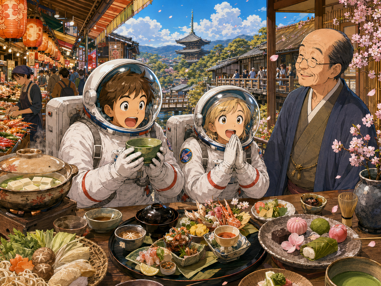 抹茶、湯豆腐、京料理、京菓子、錦市場を前にする宇宙飛行士と京都のおじさん