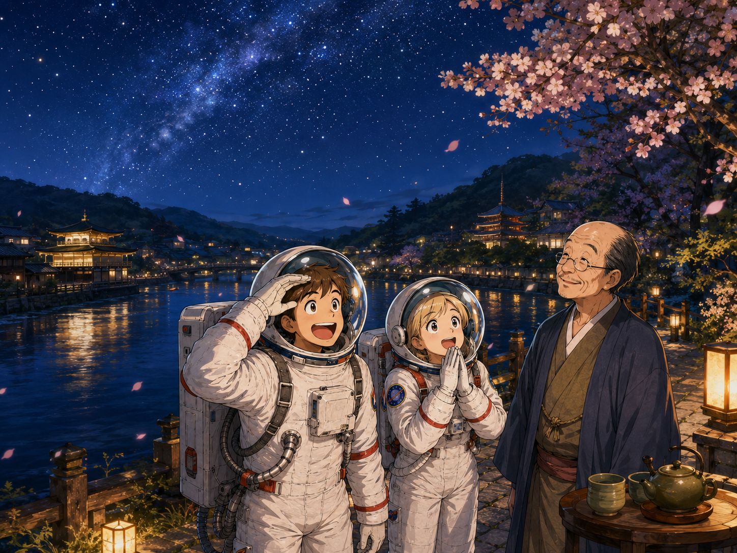 夜の宇治川、星、茶、平等院の余韻を眺める宇宙飛行士と京都のおじさん