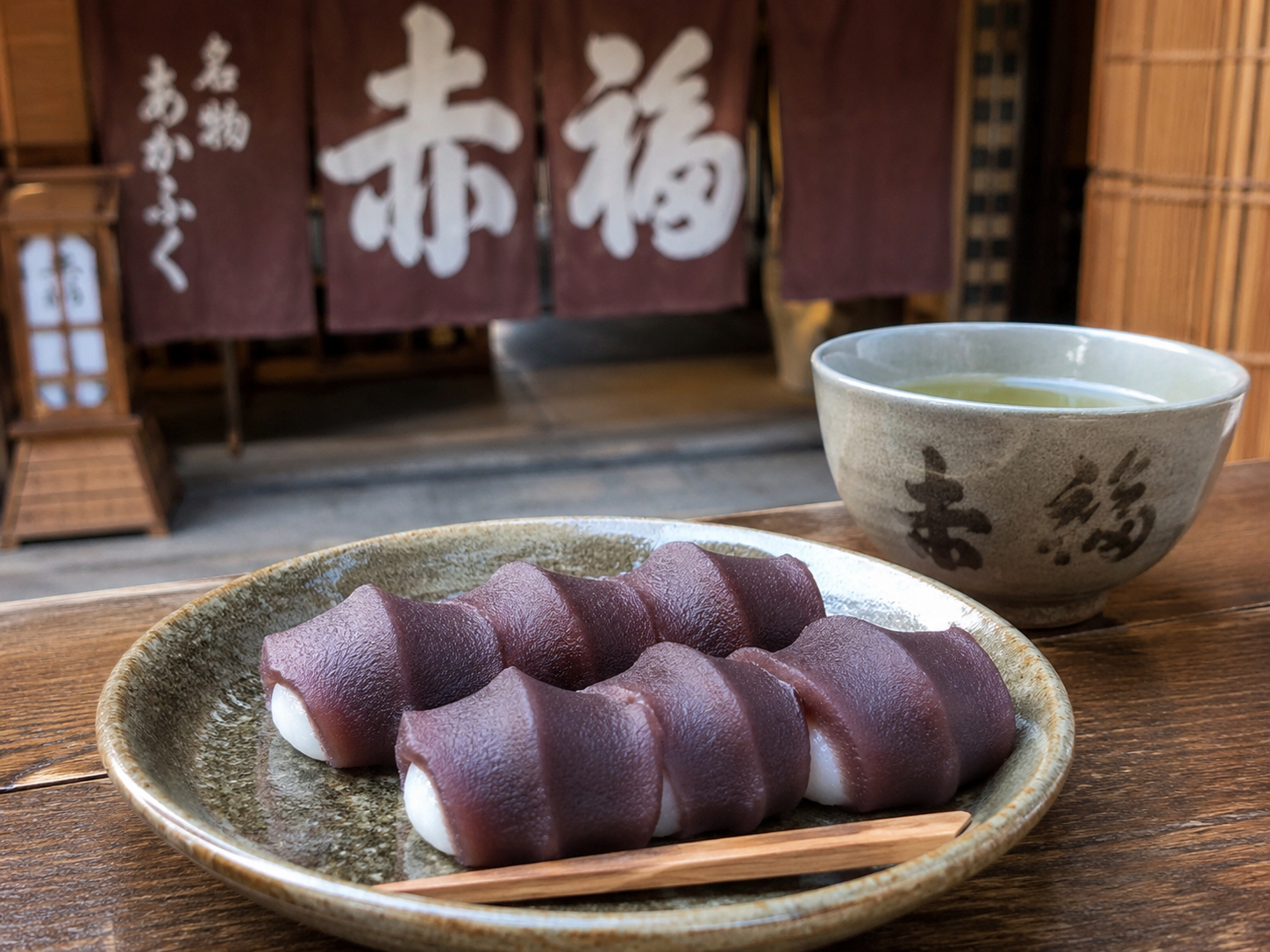 赤福餅。餅にこし餡をのせた伊勢名物の甘味。