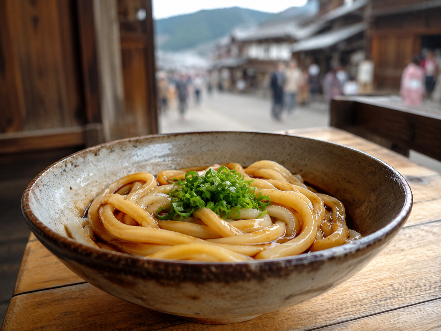 伊勢うどん。太くやわらかな麺と濃いたまり醤油のたれ。