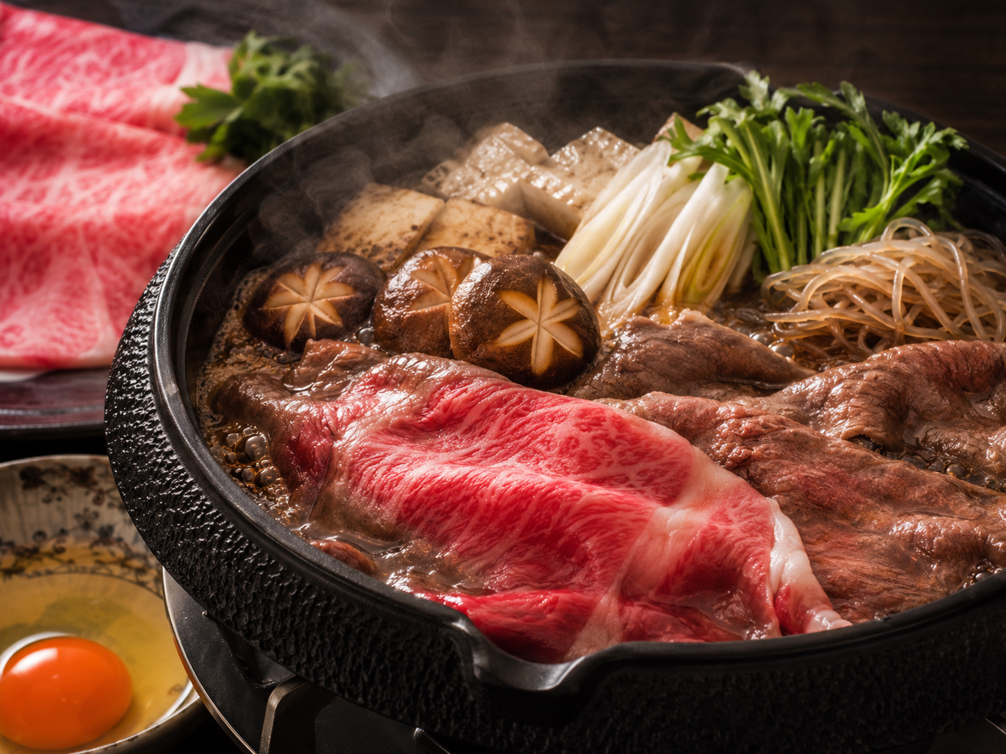 松阪牛すき焼き。霜降りの和牛と砂糖醤油の鍋料理。