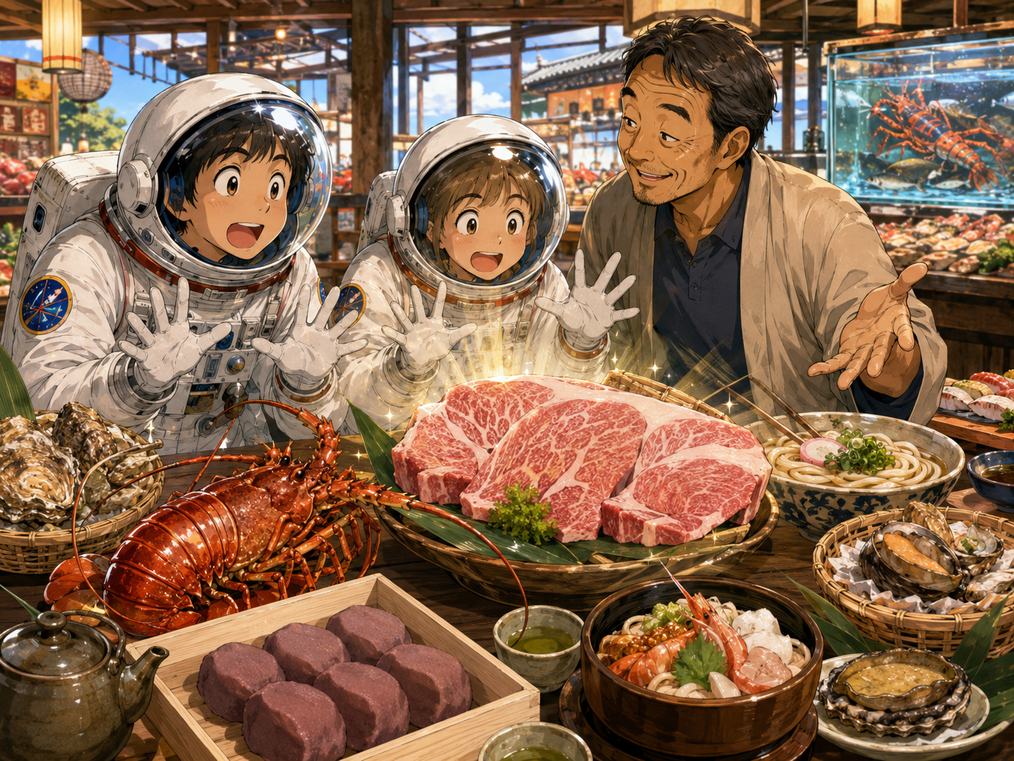 松阪牛、伊勢えび、赤福、伊勢うどん、伊勢茶を前にする宇宙飛行士と三重のおじさん