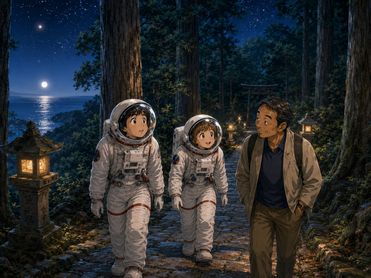 夜の熊野古道伊勢路、星、石畳を歩く宇宙飛行士と三重のおじさん