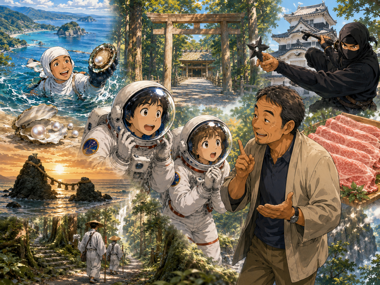 宇宙飛行士に伊勢、志摩、伊賀、熊野古道を説明する三重のおじさん